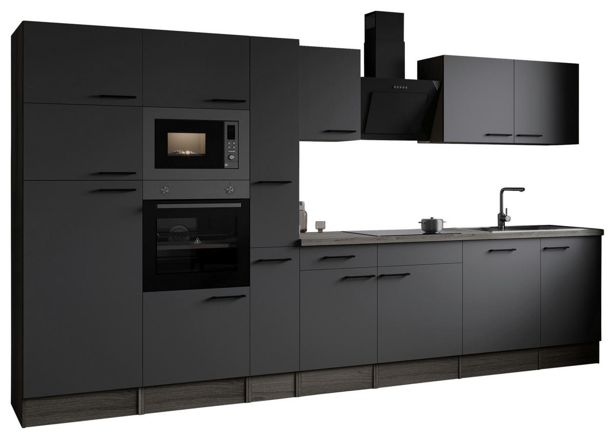 KÜCHENBLOCK 370 cm   in Grau, Eichefarben  - Eichefarben/Schwarz, Design, Holzwerkstoff/Metall (370cm) - Respekta