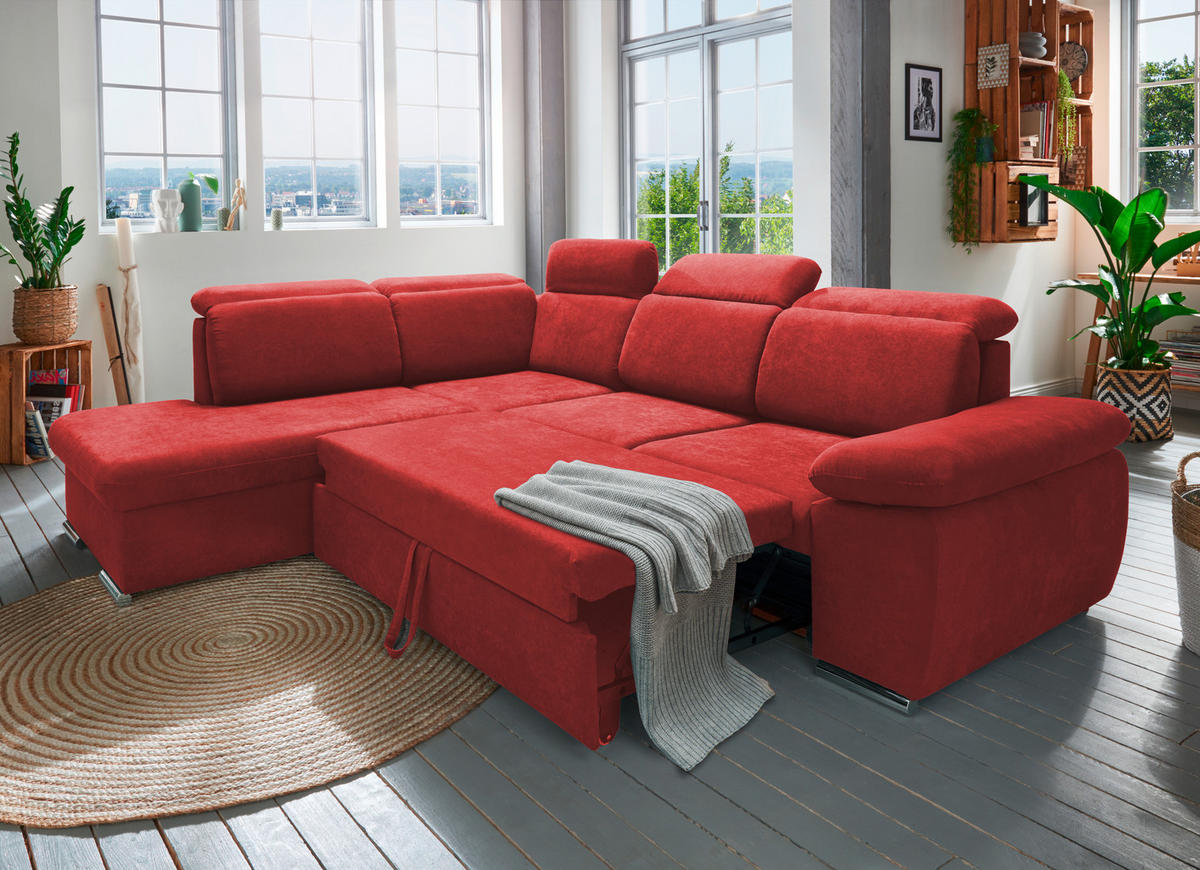 ECKSOFA Rot Mikrofaser  - Chromfarben/Rot, Design, Textil/Metall (228/283cm) - Livetastic