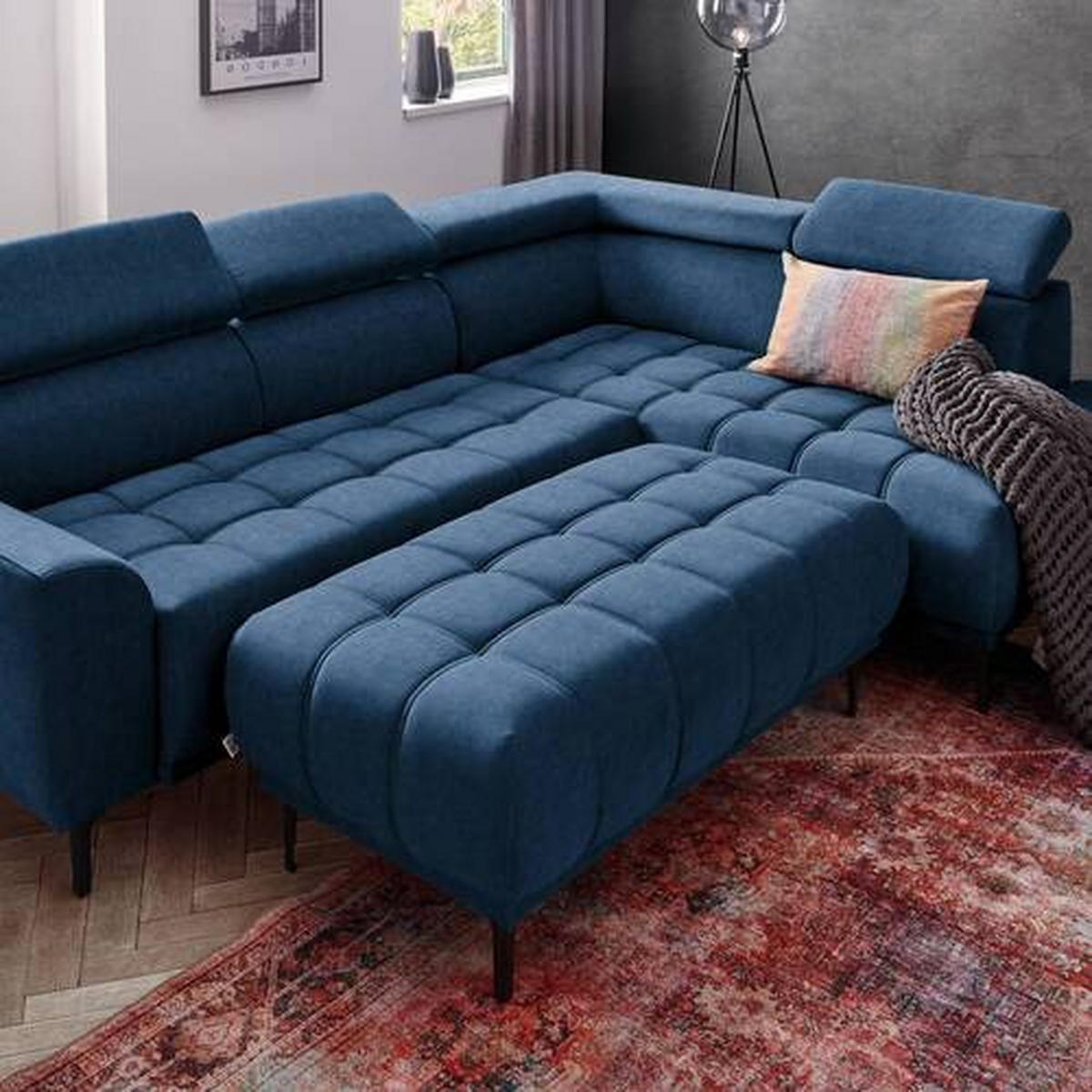 ECKSOFA in Velours Dunkelblau  - Schwarz/Dunkelblau, Design, Textil/Metall (261/191cm) - Stylife