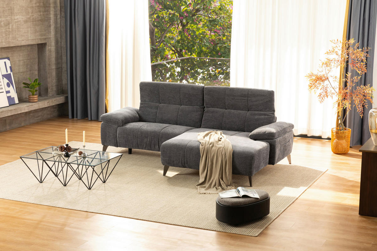ECKSOFA Dunkelgrau Chenille  - Dunkelgrau/Silberfarben, Design, Textil/Metall (262/175cm) - Livetastic