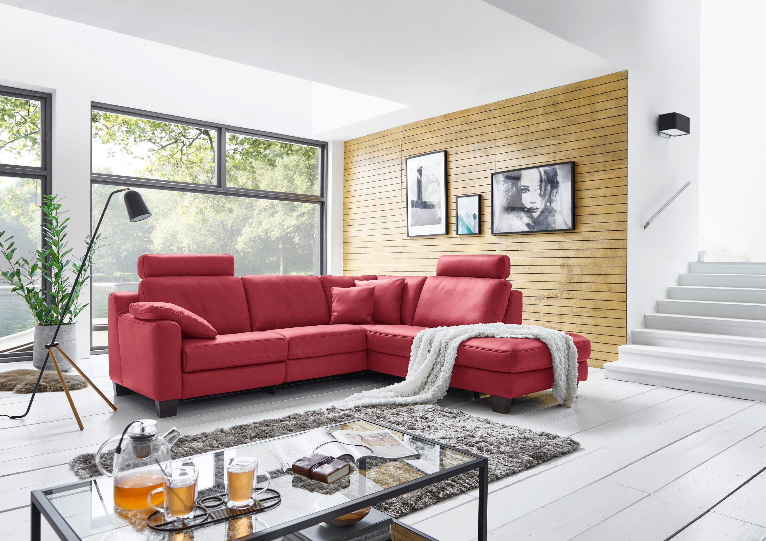 ECKSOFA in Echtleder Rot  - Eichefarben/Rot, Design, Leder/Holz (259/235cm) - Valdera
