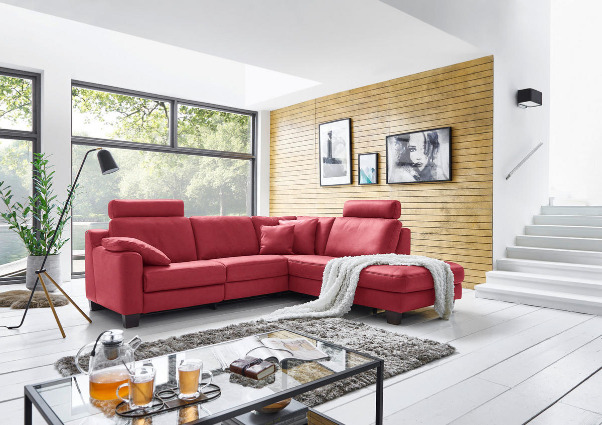 ECKSOFA in Echtleder Rot  - Eichefarben/Rot, Design, Leder/Holz (259/235cm) - Valdera
