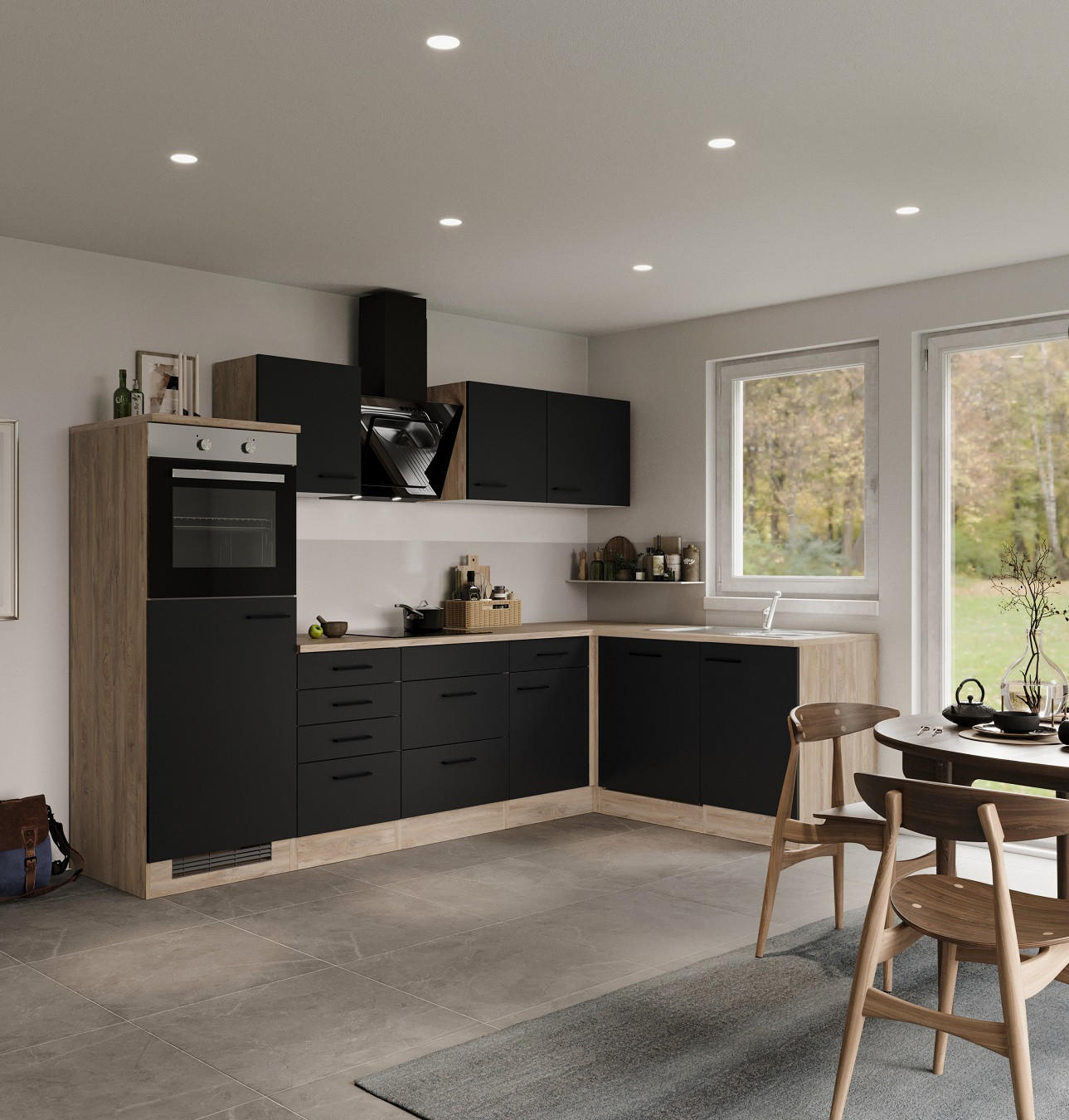 FlexWell Eckküche Schwarz, Eiche 280x170 cm