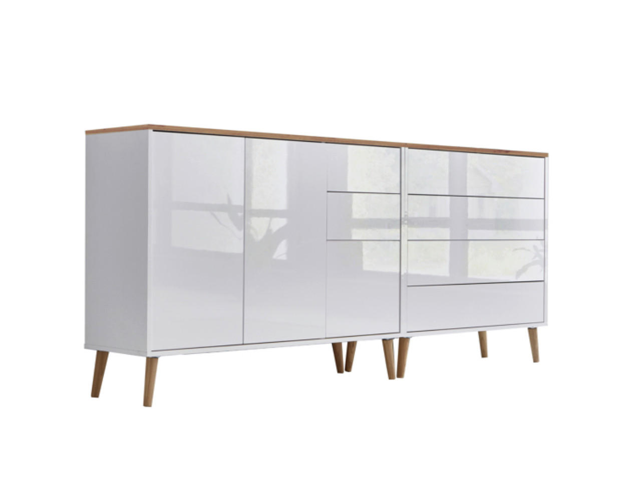 Mid.you Sideboard Mailand Set 9 + HF Weiß, Eiche Artisan, Weiß Hochglanz 184.5x86x33 cm
