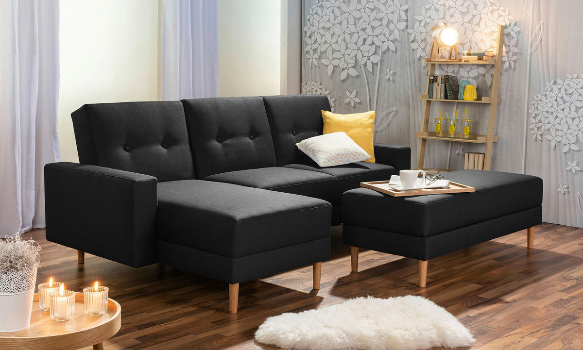 ECKSCHLAFSOFA Schwarz Flachgewebe  - Erlefarben/Schwarz, Design, Holz/Textil (230/93/152cm) - Max Winzer