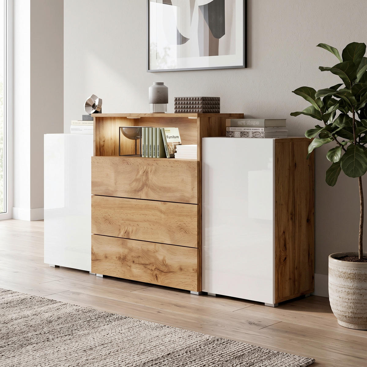 SIDEBOARD Urban 150/80,7/39 cm 3 Schublade(n)  - Weiß Hochglanz/Eiche Wotan, LIFESTYLE, Holzwerkstoff/Kunststoff (150/80,7/39cm) - P & B