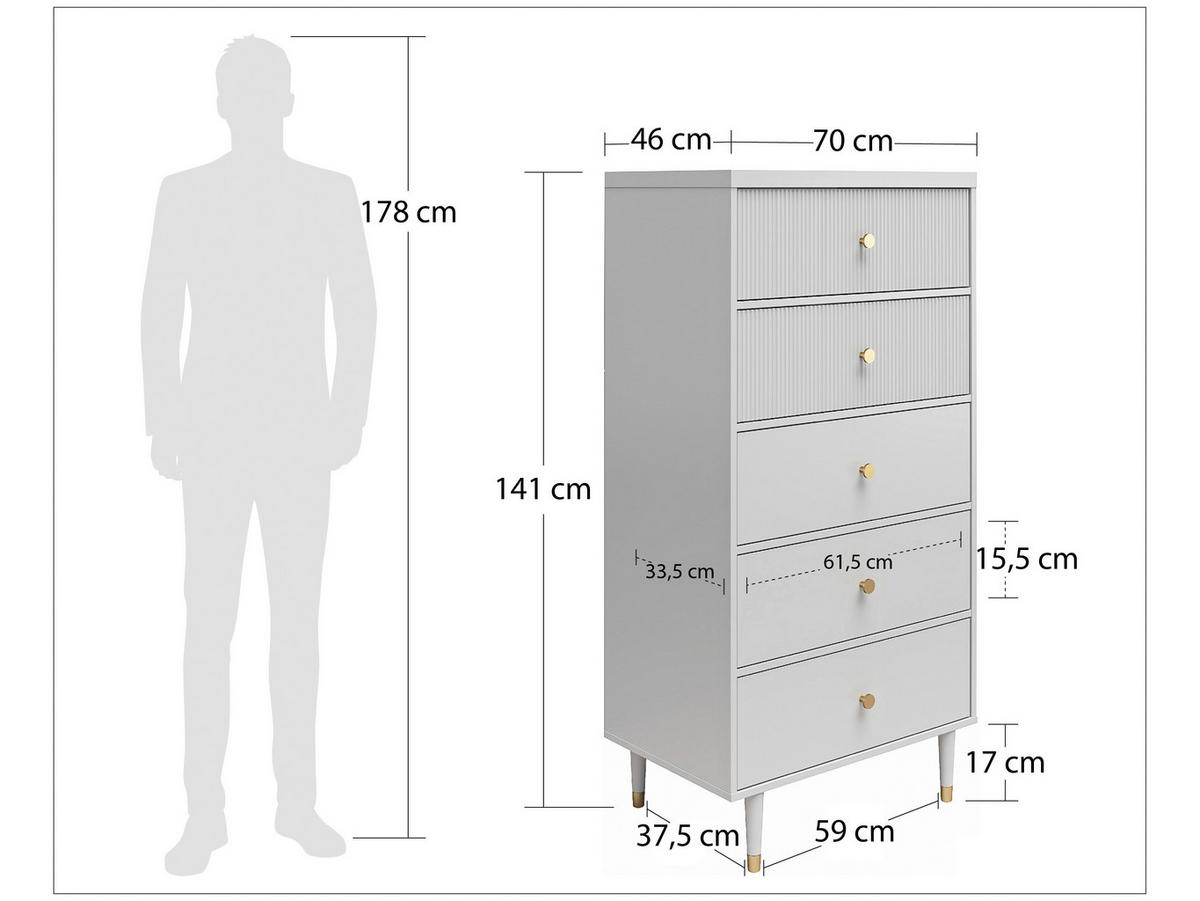 KOMMODE Elizabeth  in  - Goldfarben/Grau, Design, Holzwerkstoff/Metall (70/141/46cm) - MID.YOU
