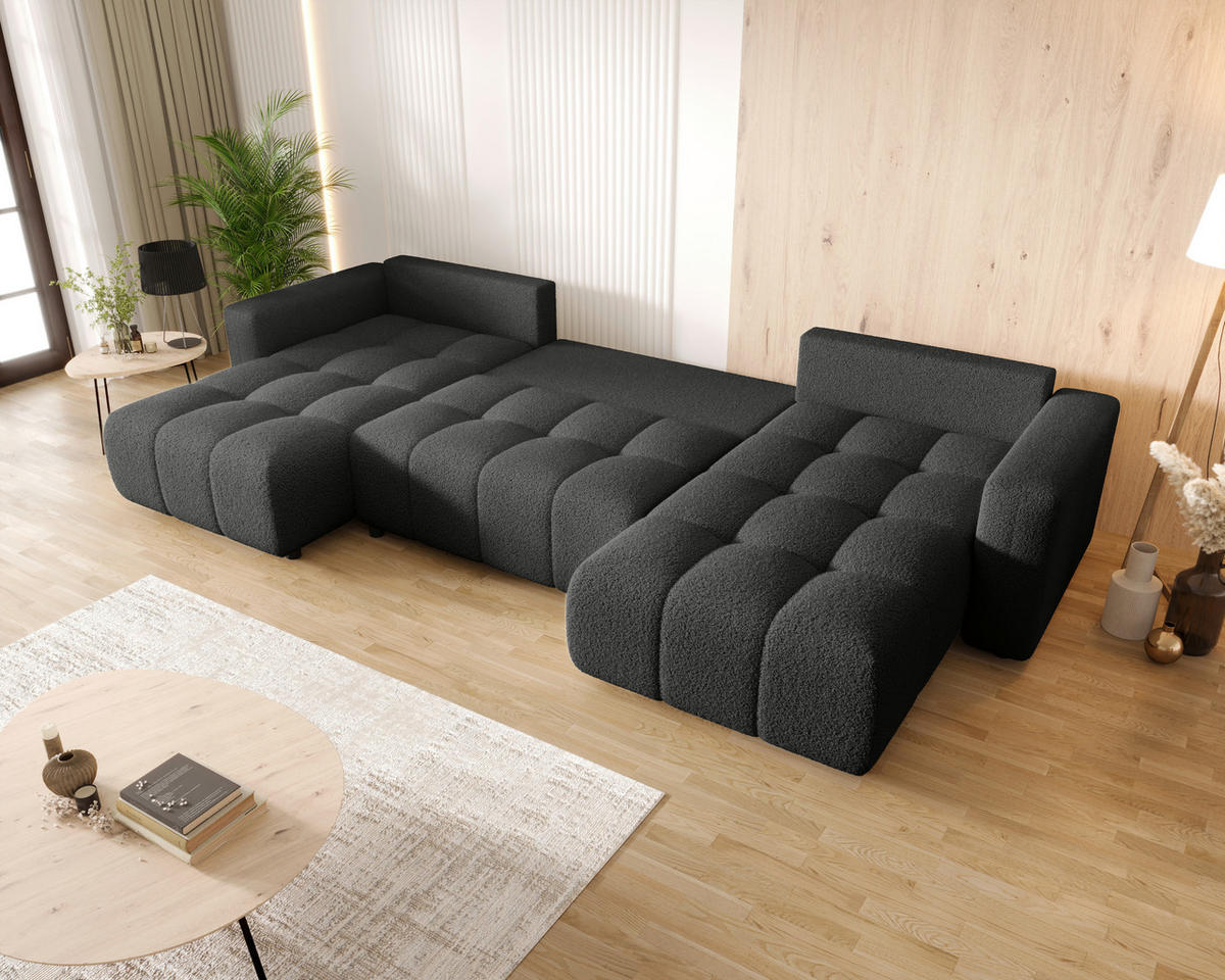 WOHNLANDSCHAFT Dunkelgrau Bouclé  - Dunkelgrau/Schwarz, MODERN, Kunststoff/Textil (190/380/190cm) - Carryhome