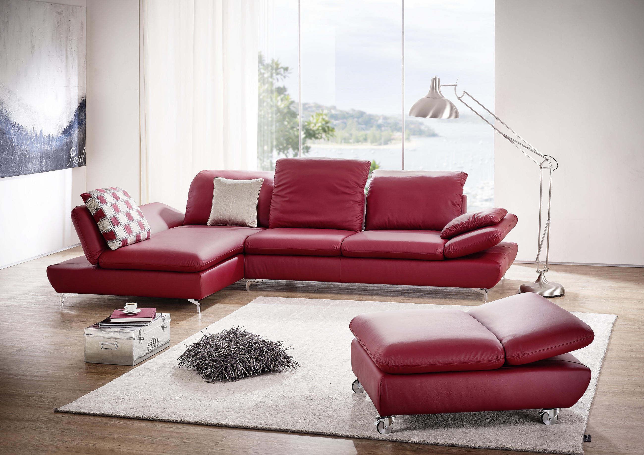 ECKSOFA Rot Echtleder  - Silberfarben/Rot, Design, Leder/Metall (315/200cm) - Chilliano