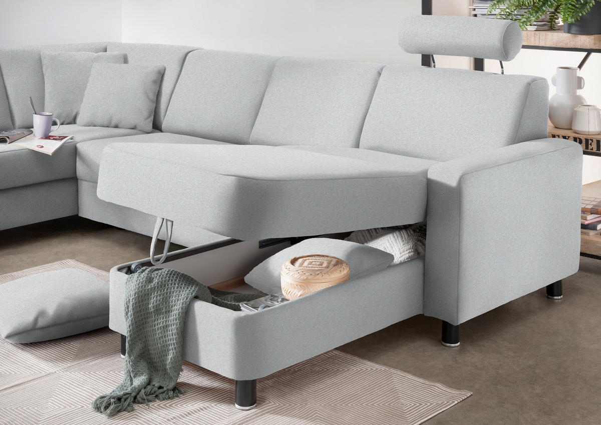 WOHNLANDSCHAFT in Webstoff Hellgrau  - Hellgrau/Schwarz, Design, Holz/Textil (198/296/165cm) - Xora