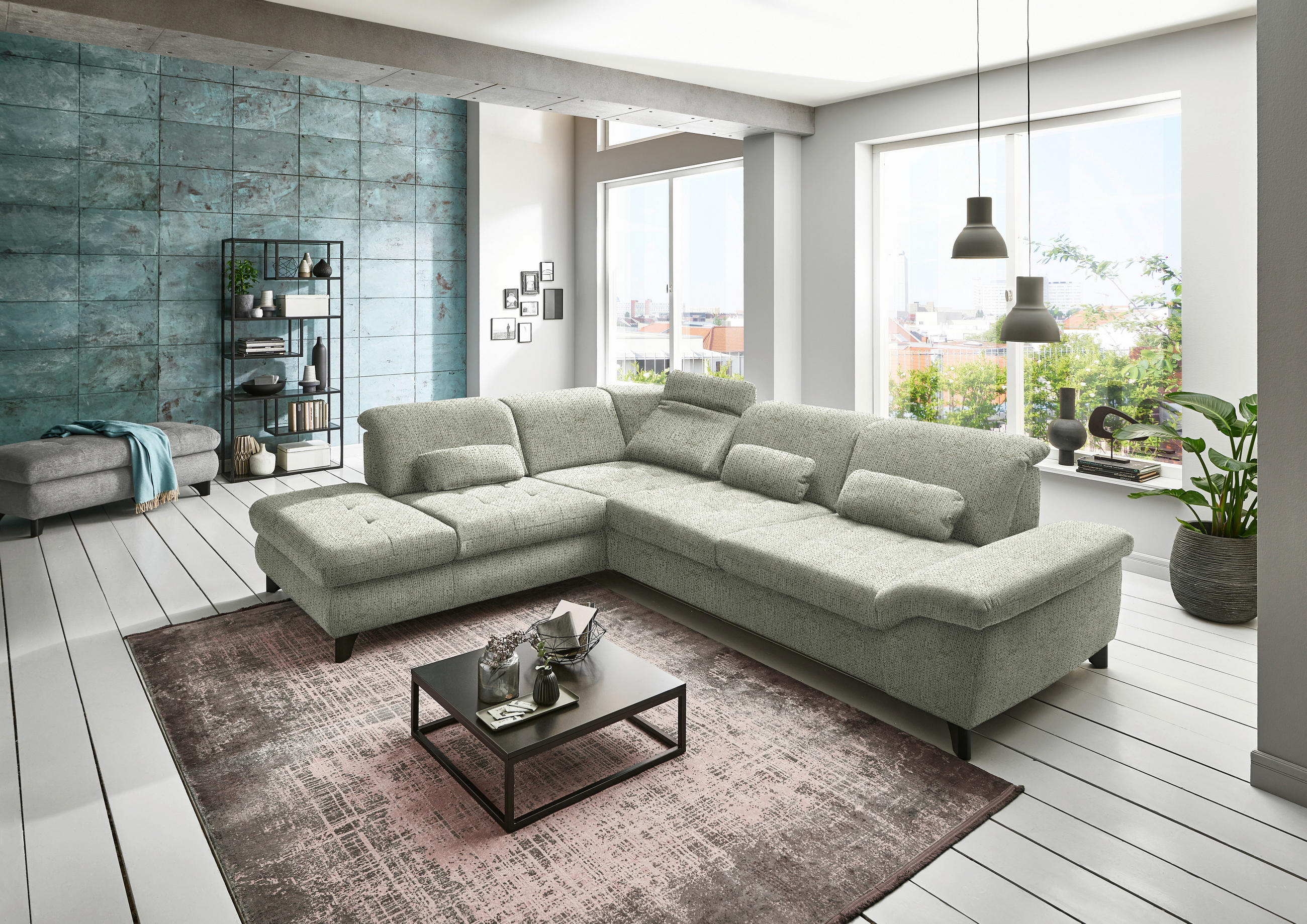 ECKSOFA Grün Webstoff  - Alufarben/Grün, Design, Textil/Metall (260/319cm) - Beldomo Style