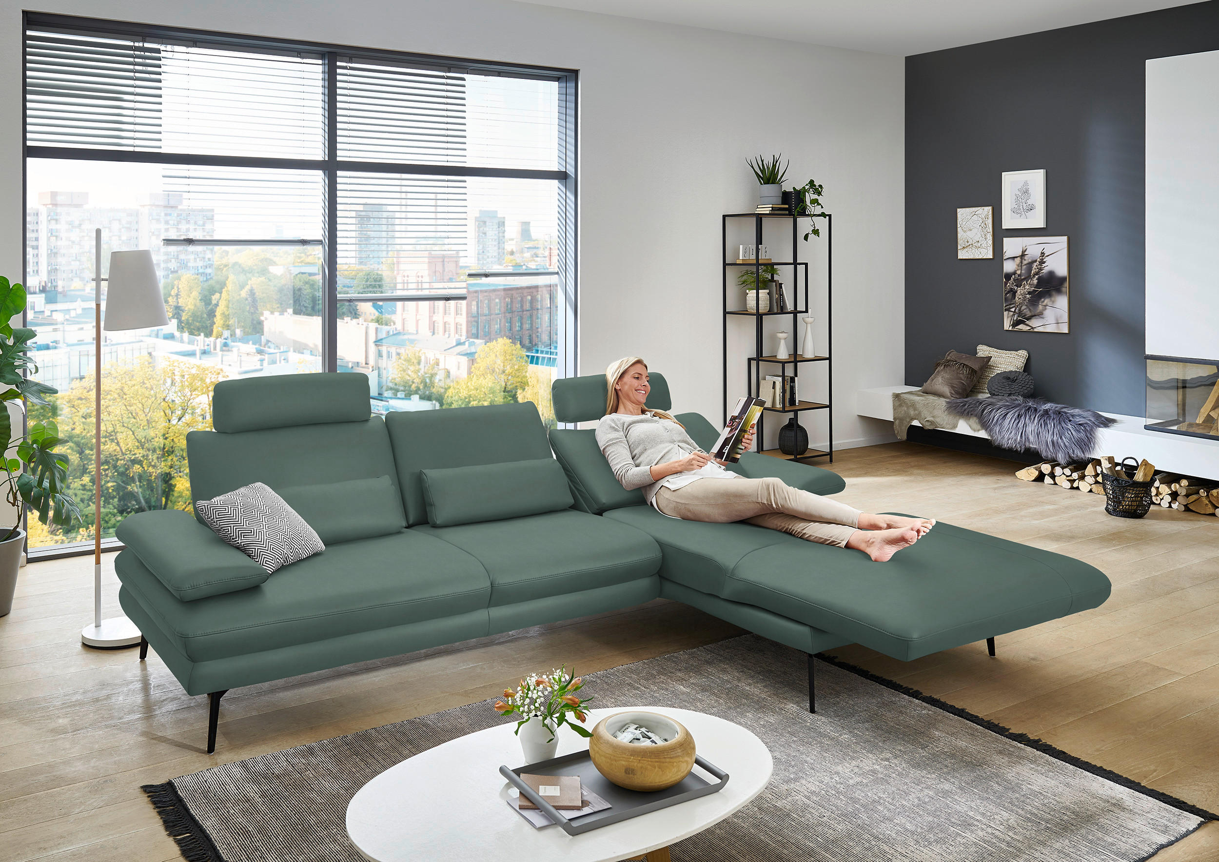 ECKSOFA in Echtleder Opal  - Opal/Schwarz, Design, Leder/Metall (310/180cm) - Dieter Knoll