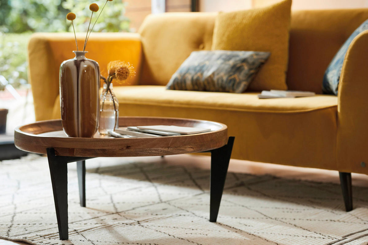 COUCHTISCH Mangoholz massiv 75/75/34 cm rund Naturfarben, Schwarz  - Schwarz/Naturfarben, Design, Holz/Metall (75/75/34cm) - MID.YOU