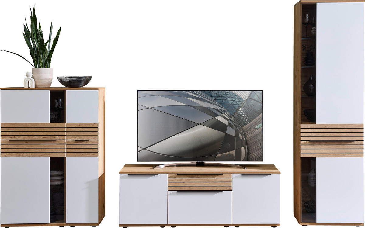 WOHNWAND  in Weiß, Eichefarben  330/215/45 cm  - Eichefarben/Schwarz, KONVENTIONELL, Glas/Holzwerkstoff (330/215/45cm) - Venda