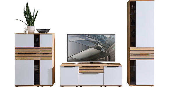 WOHNWAND  in Weiß, Eichefarben  330/215/45 cm  - Eichefarben/Schwarz, KONVENTIONELL, Glas/Holzwerkstoff (330/215/45cm) - Venda