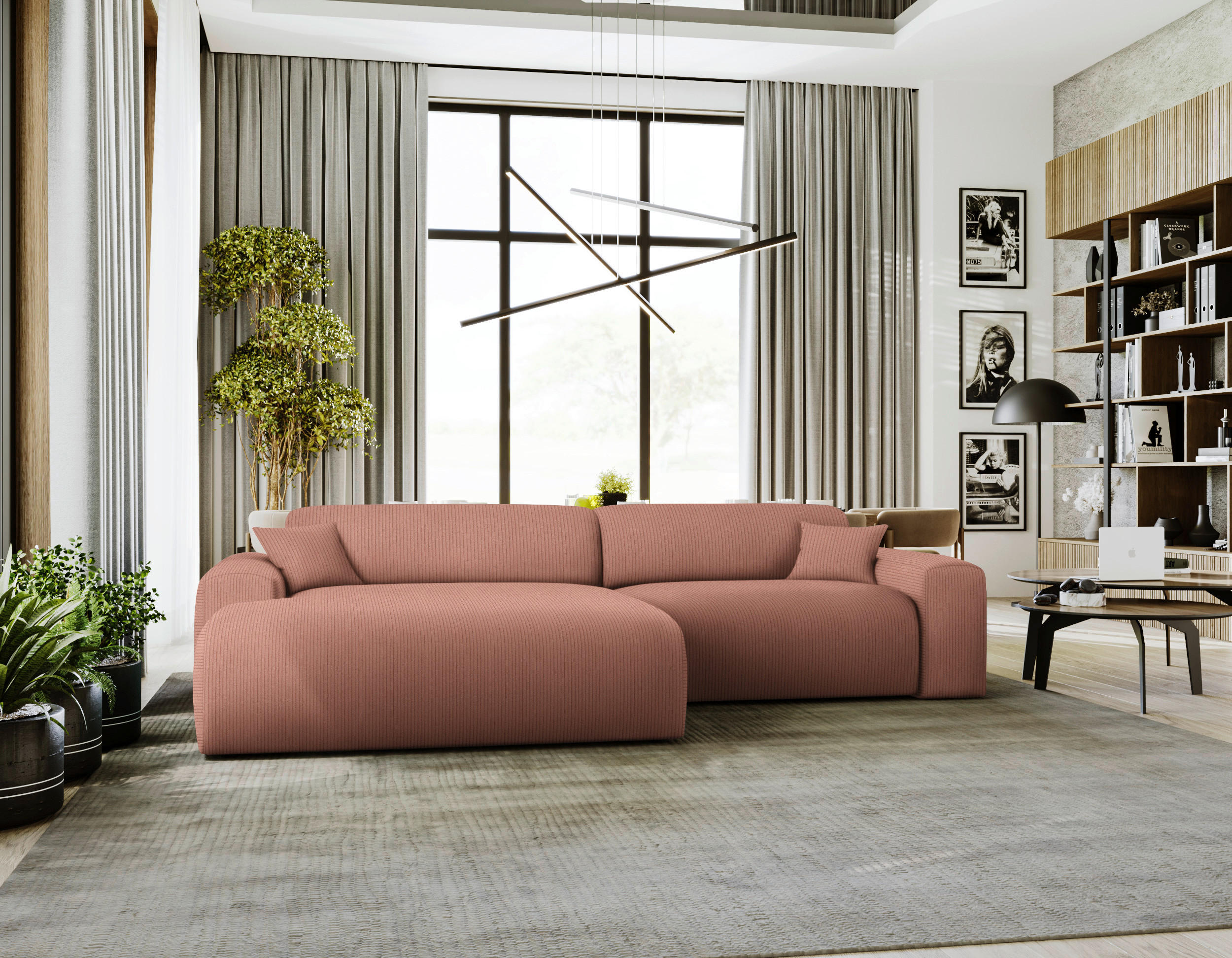 ECKSOFA in Velours, Feincord Aprikose  178/292 cm  - Aprikose/Schwarz, Design, Kunststoff/Textil (178/292cm) - home24