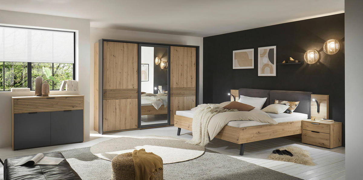 BETT 180/200 cm  in Graphitfarben, Eiche Artisan   - Schwarz/Graphitfarben, Konventionell, Holz/Holzwerkstoff (180/200cm) - Ti'me