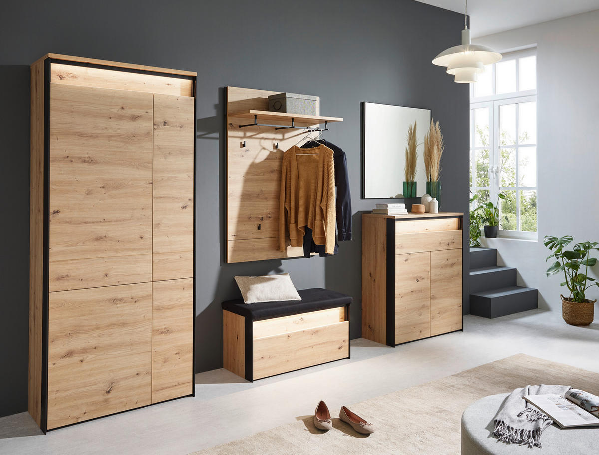 GARDEROBE 5-teilig  in 266/200/38 cm  - Schwarz/Eiche Artisan, KONVENTIONELL, Glas/Holzwerkstoff (266/200/38cm) - Voleo