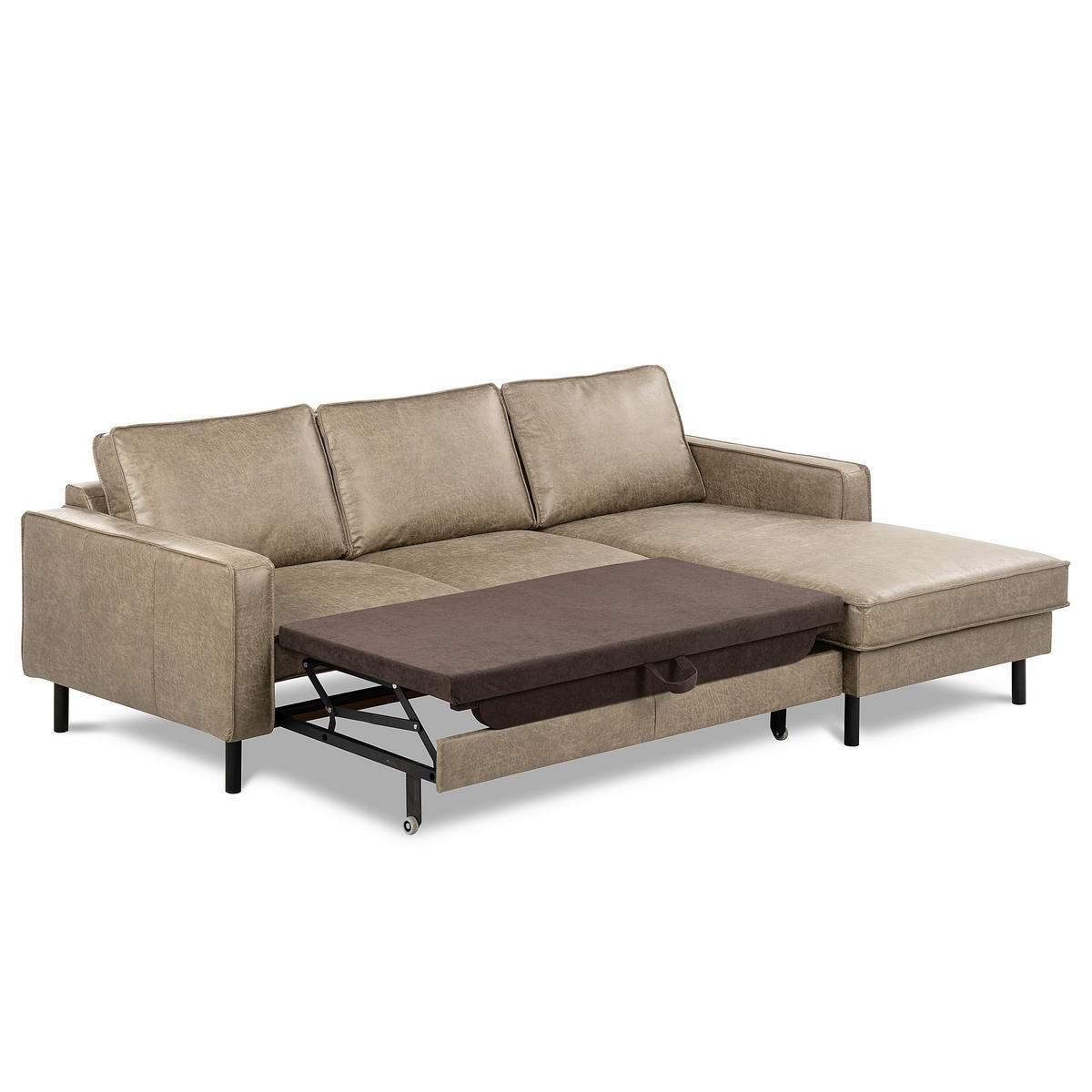 ECKSOFA Hellgrau Echtleder Lederlook Bettkasten, Schlaffunktion, Rücken echt  - Hellgrau/Schwarz, Design, Leder/Textil (166/238cm) - Livetastic