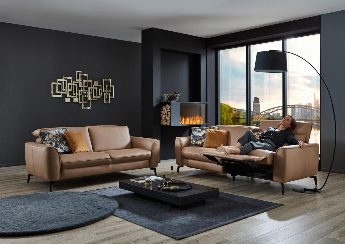 3-SITZER-SOFA in Echtleder Haselnussfarben  - Schwarz/Haselnussfarben, Natur, Leder/Metall (222/81/110cm) - Valdera
