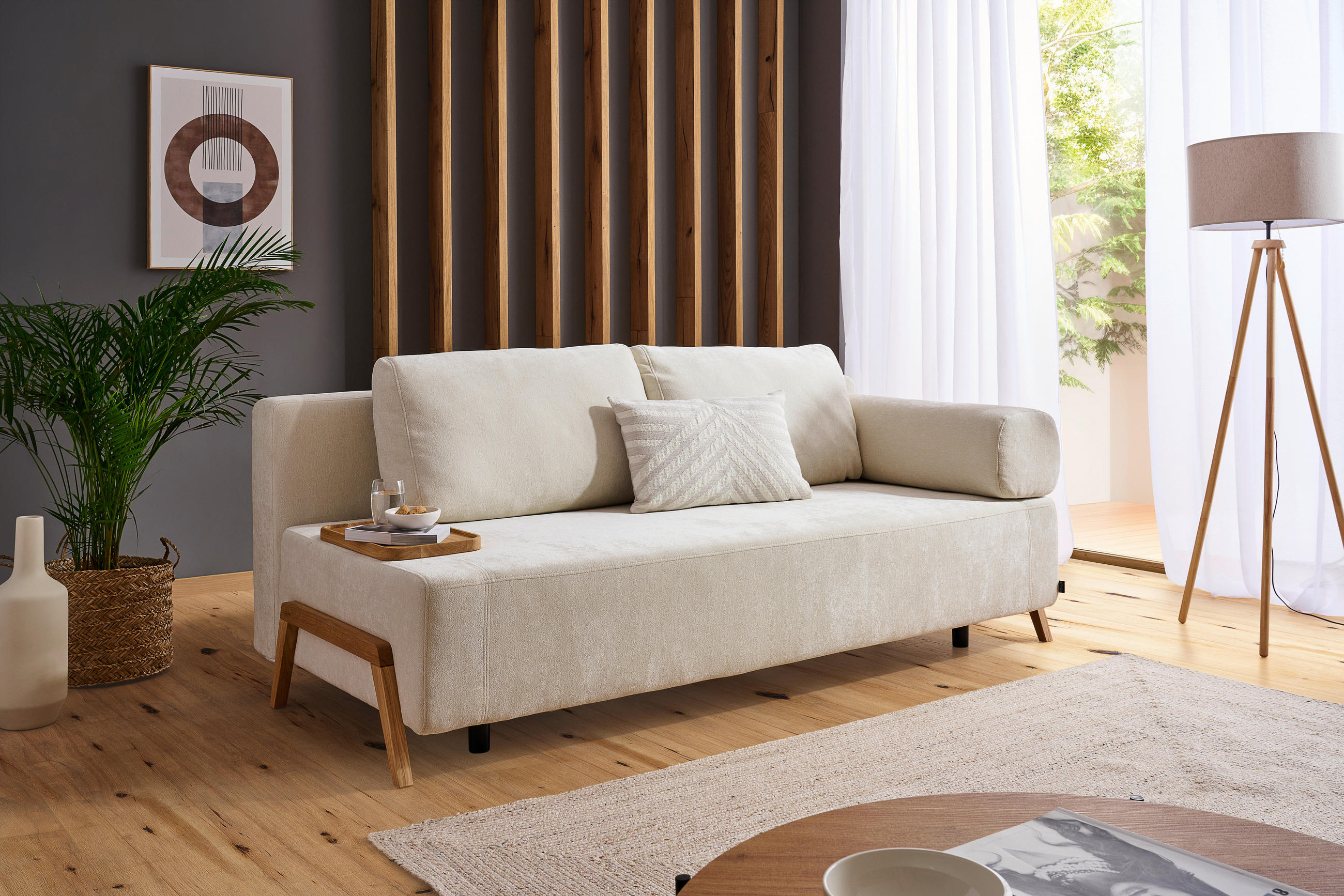 SCHLAFSOFA Chenille Creme  - Creme/Naturfarben, Design, Holz/Textil (211/88/102cm) - Niels Andersson