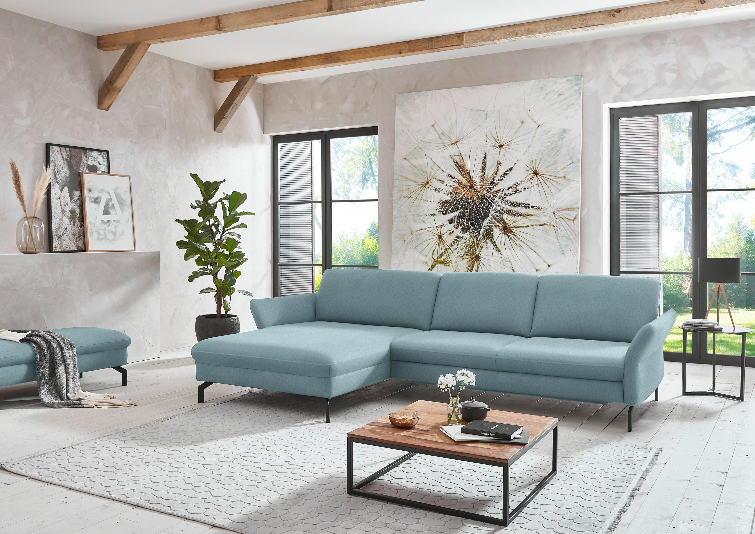 ECKSOFA in Velours Hellblau  - Schwarz/Hellblau, Design, Textil/Metall (179/306cm) - Beldomo System