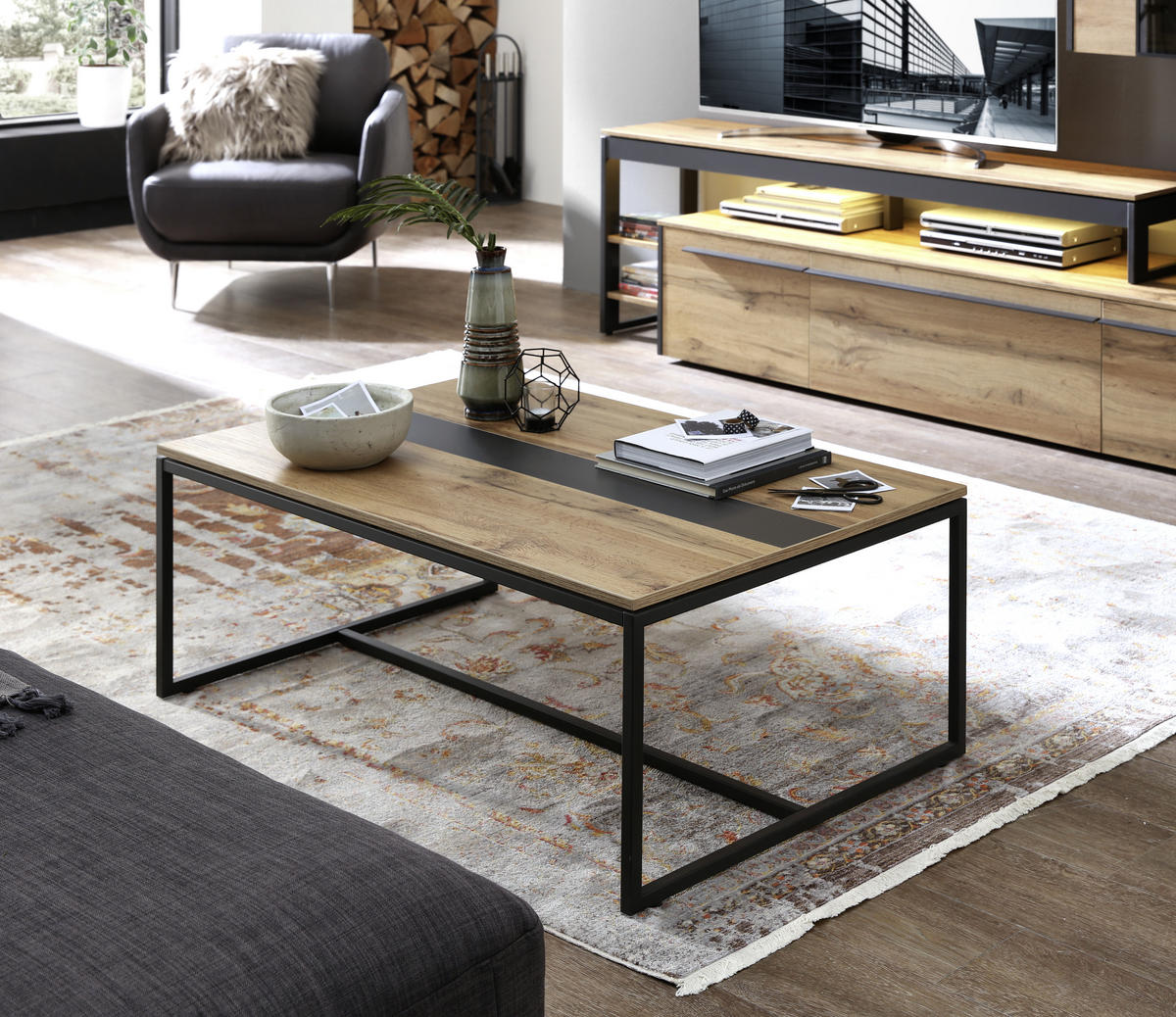 COUCHTISCH in Holzwerkstoff 110/70/42,4 cm  - Eichefarben/Schwarz, Design, Holzwerkstoff/Metall (110/70/42,4cm) - Hom`in