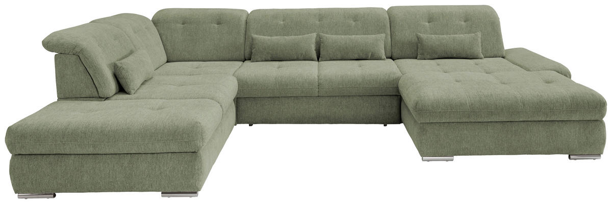 WOHNLANDSCHAFT Grün Chenille  - Chromfarben/Grün, Design, Textil/Metall (254/376/195cm) - Livetastic