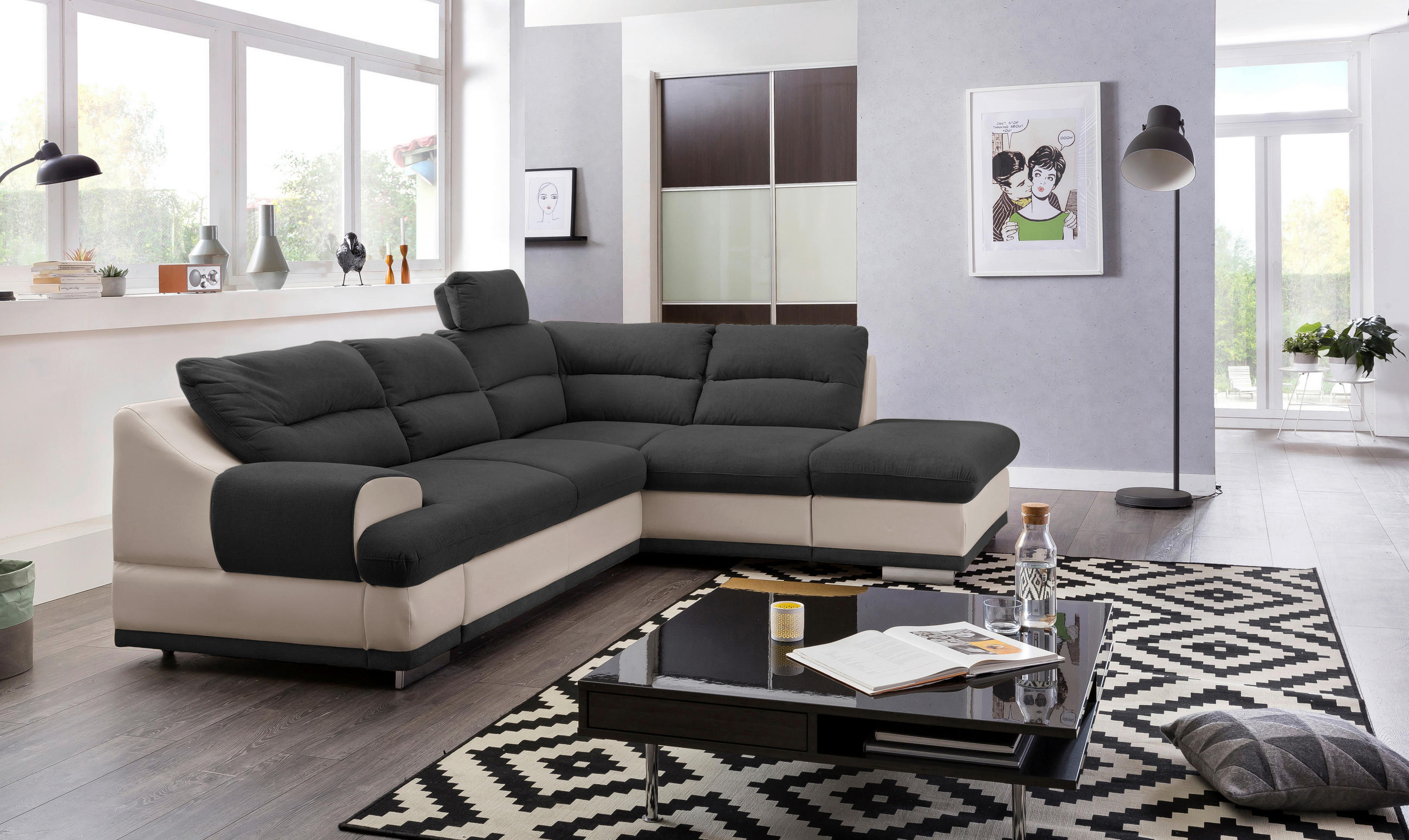 WOHNLANDSCHAFT Schwarz, Sandfarben Chenille  - Sandfarben/Chromfarben, KONVENTIONELL, Textil/Metall (264/217cm) - MID.YOU