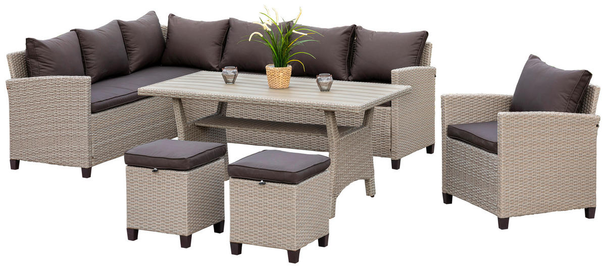 TERASOVÁ SEDACIA SÚPRAVA 18-dielne, kov, plast, textil - prírodná farba/tmavohnedá, Konventionell, kov/textil (239/170cm) - Gardenson