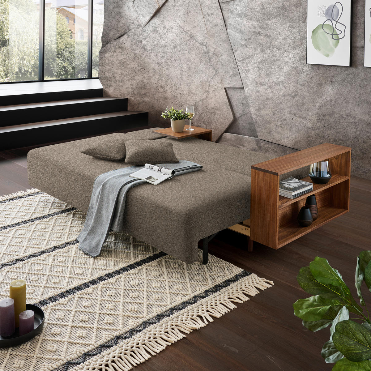SCHLAFSOFA in Textil Greige  - Greige/Nussbaumfarben, Natur, Holz/Textil (228/90/100cm) - Joka