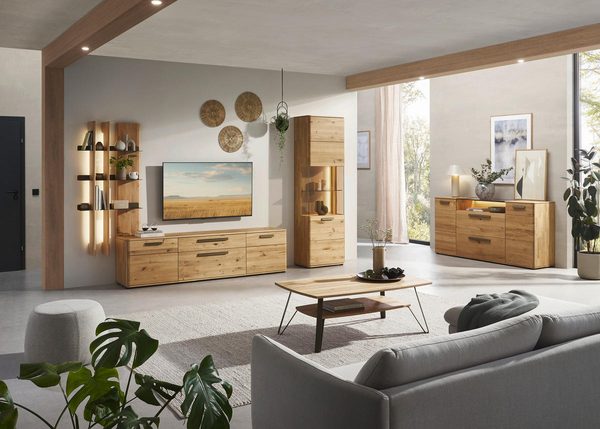 WOHNWAND  in Wildeiche  333,6/207/45,2 cm  - Wildeiche/Schwarz, Natur, Glas/Holz (333,6/207/45,2cm) - Valnatura