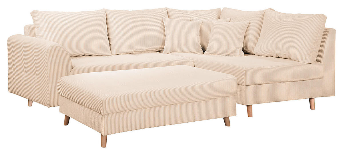 ECKSOFA inkl. Hocker Ariella in Cord Creme  231/161 cm  - Creme/Naturfarben, Design, Holz/Textil (231/161cm) - Livetastic