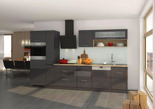 KÜCHENBLOCK 330 cm   in Anthrazit, Anthrazit Hochglanz  - Chromfarben/Eichefarben, MODERN, Holzwerkstoff/Metall (330cm) - Held