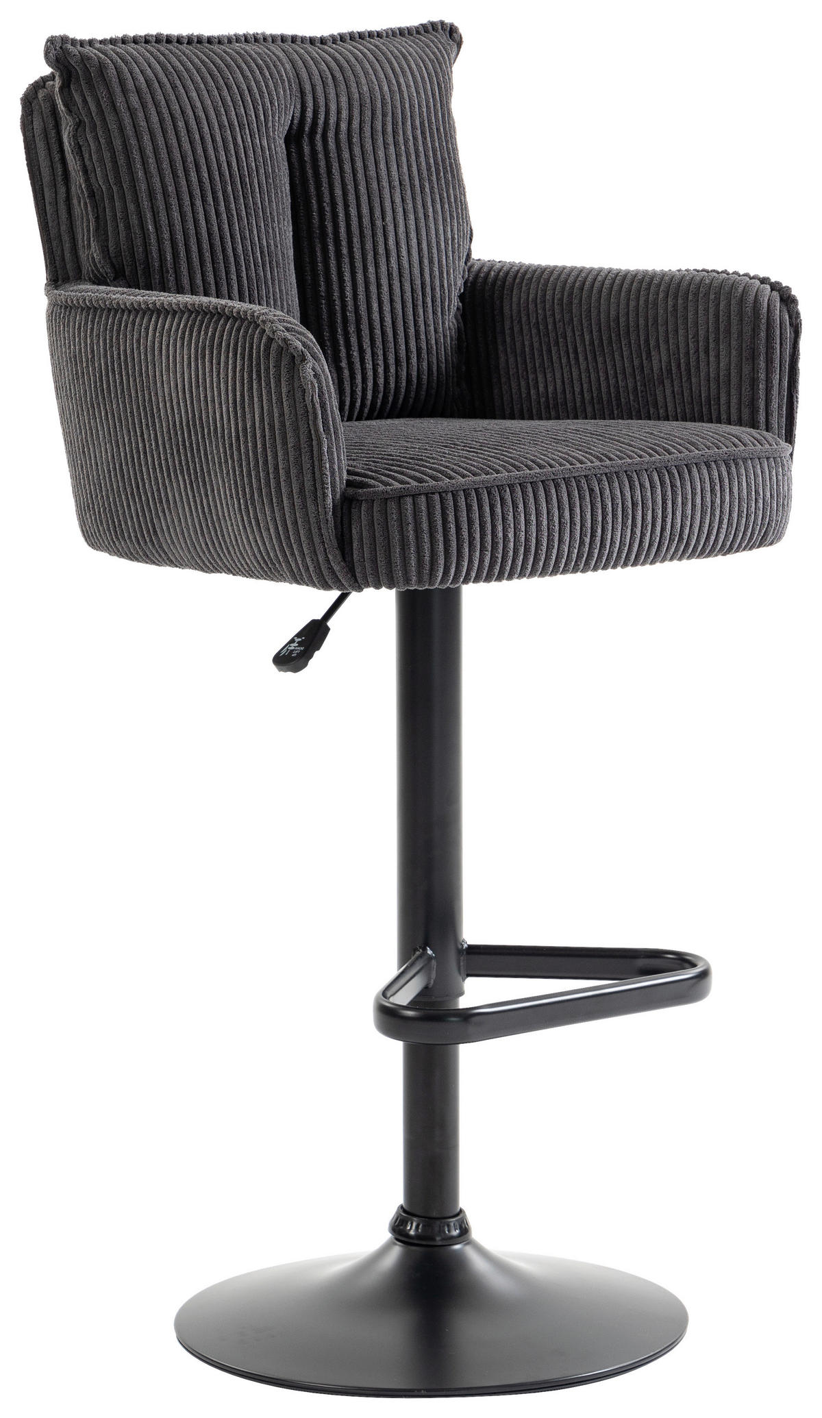 BARHOCKER Cord Dunkelgrau Eisen Stoffauswahl, Sitzfläche 360° drehbar, inklusive Armlehnen  - Dunkelgrau/Schwarz, Design, Textil/Metall (54/101-122/58cm) - Novel