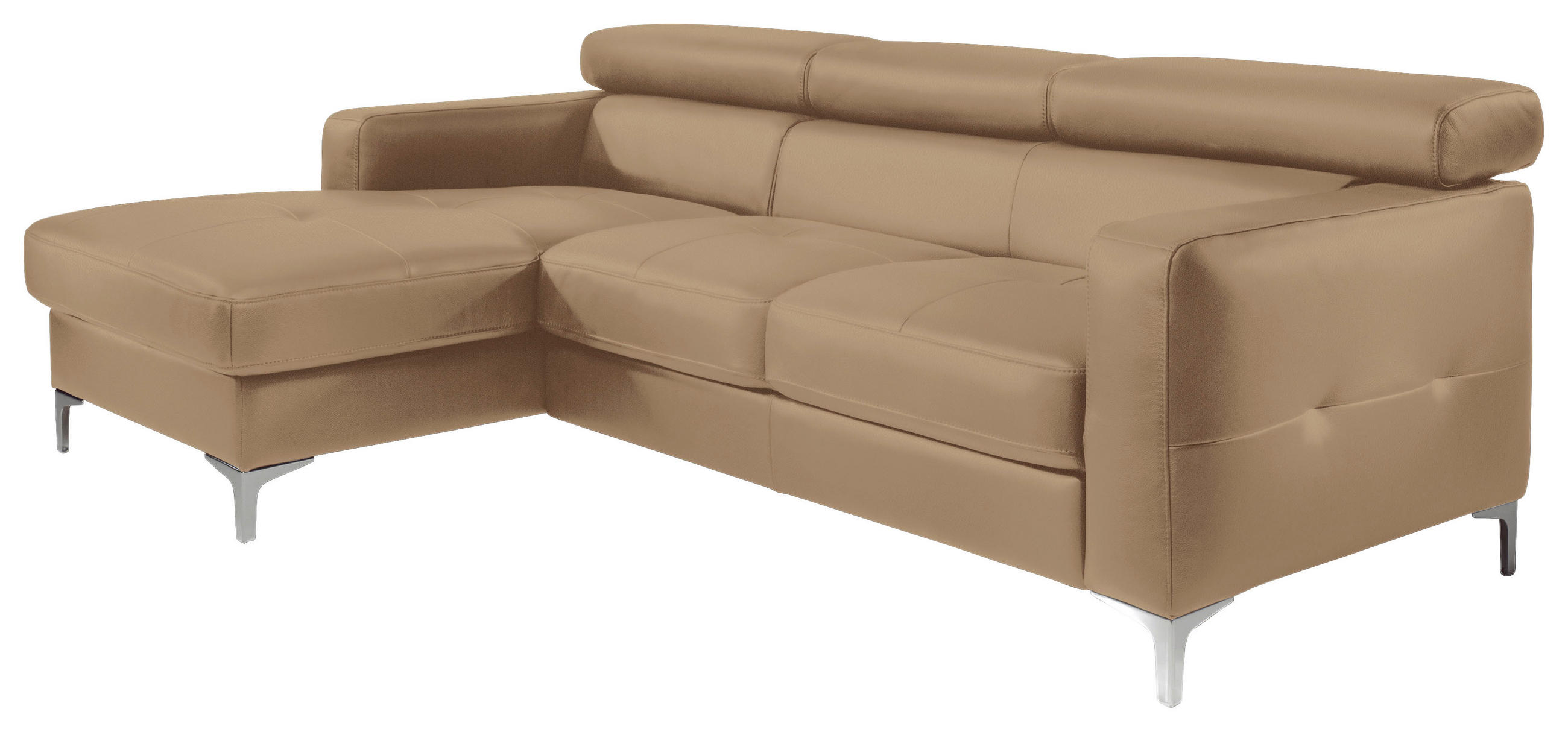 ECKSOFA Hellbraun Echtleder Rücken echt, Kopfteilverstellung, Kopfstütze  - Chromfarben/Hellbraun, Design, Leder/Metall (169/226cm) - Livetastic