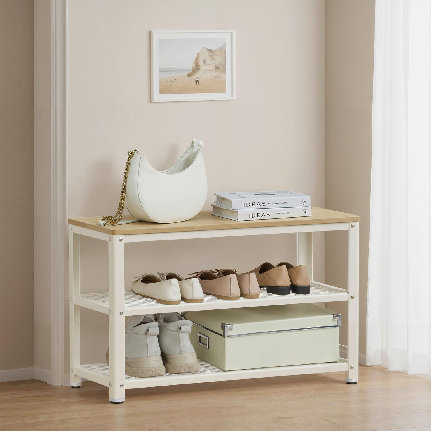 SCHUHBANK Weiß, Eichefarben  - Eichefarben/Schwarz, Trend, Kunststoff/Metall (73/45/30cm) - Boxxx