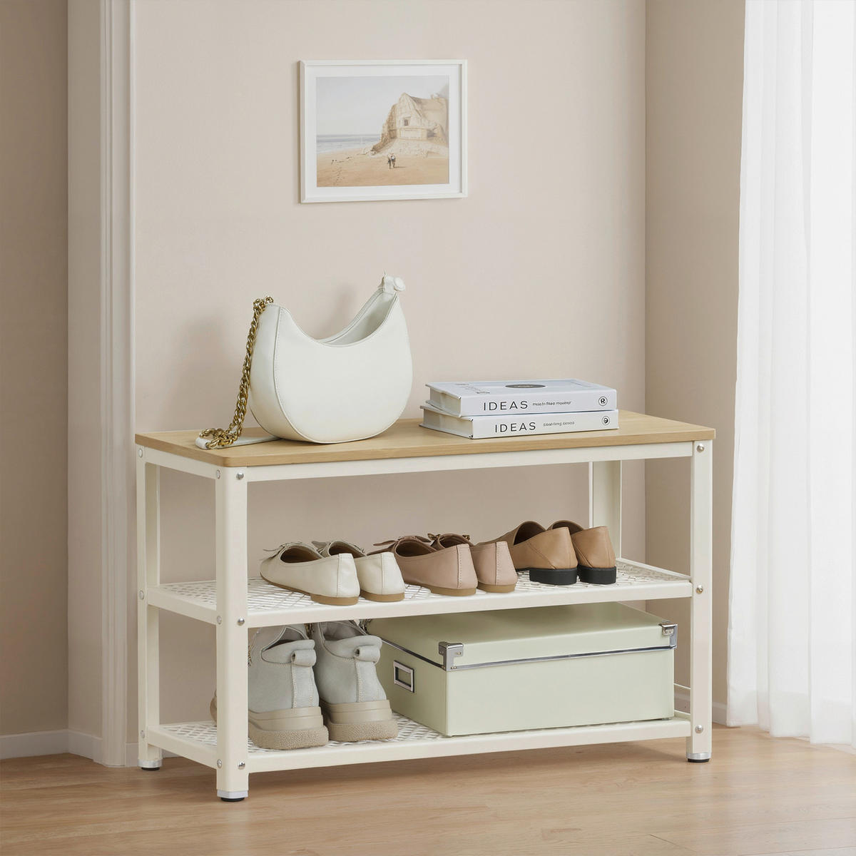 SCHUHBANK Weiß, Eichefarben  - Eichefarben/Schwarz, Trend, Kunststoff/Metall (73/45/30cm) - Boxxx