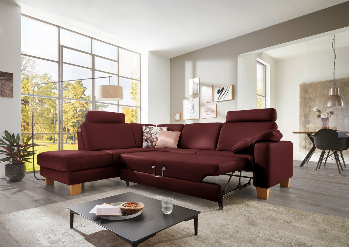 ECKSOFA in Echtleder Brombeere  - Eiche Bianco/Brombeere, Konventionell, Leder/Holz (235/257cm) - Valdera