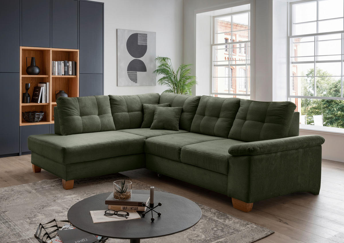 ECKSOFA in Cord Dunkelgrün  - Dunkelgrün/Naturfarben, Modern, Holz/Textil (206/274cm) - Livetastic