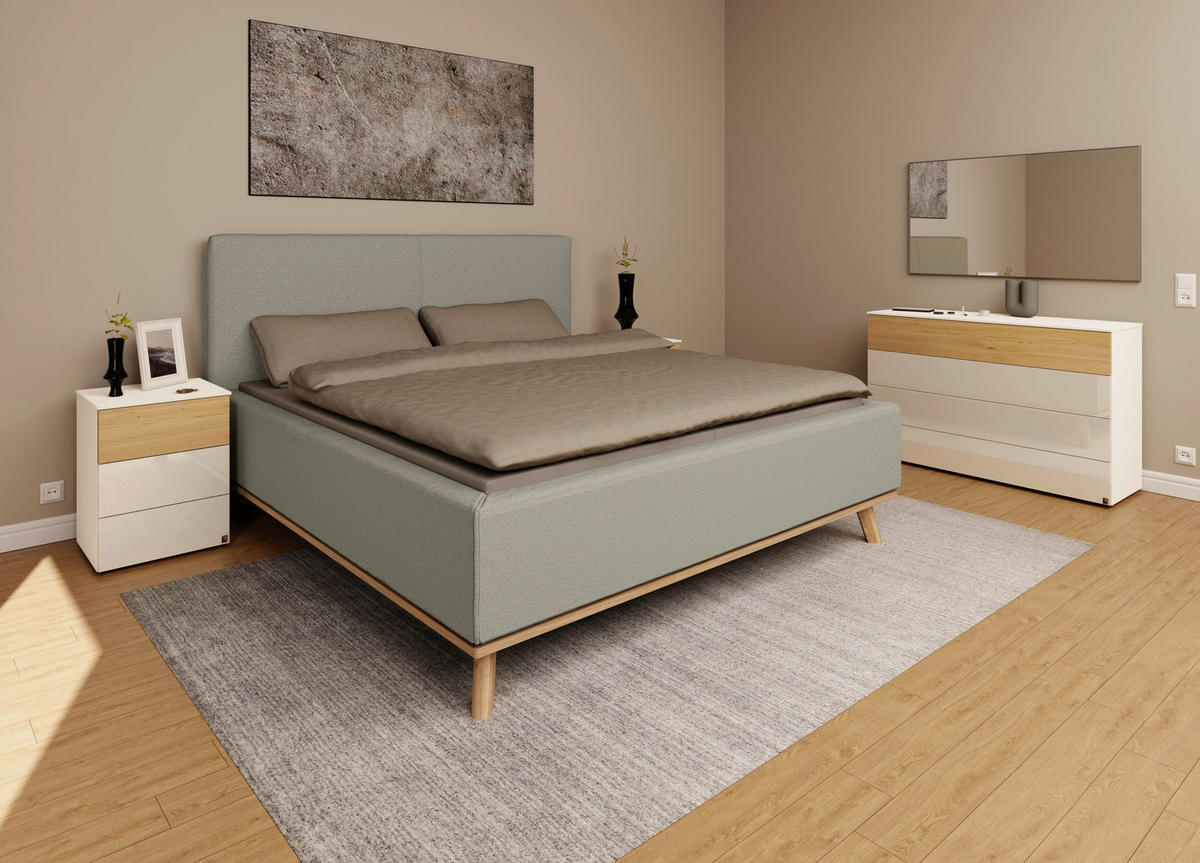 POLSTERBETT 180/200 cm,  in Hellgrau, Matratze, Lattenrost, Bettkasten, unterschiedliche Matratzenhärtegrade je Bettseite, H2 + H3 = mittel + fest  - Eichefarben/Hellgrau, Design, Holz/Textil (180/200cm) - Musterring
