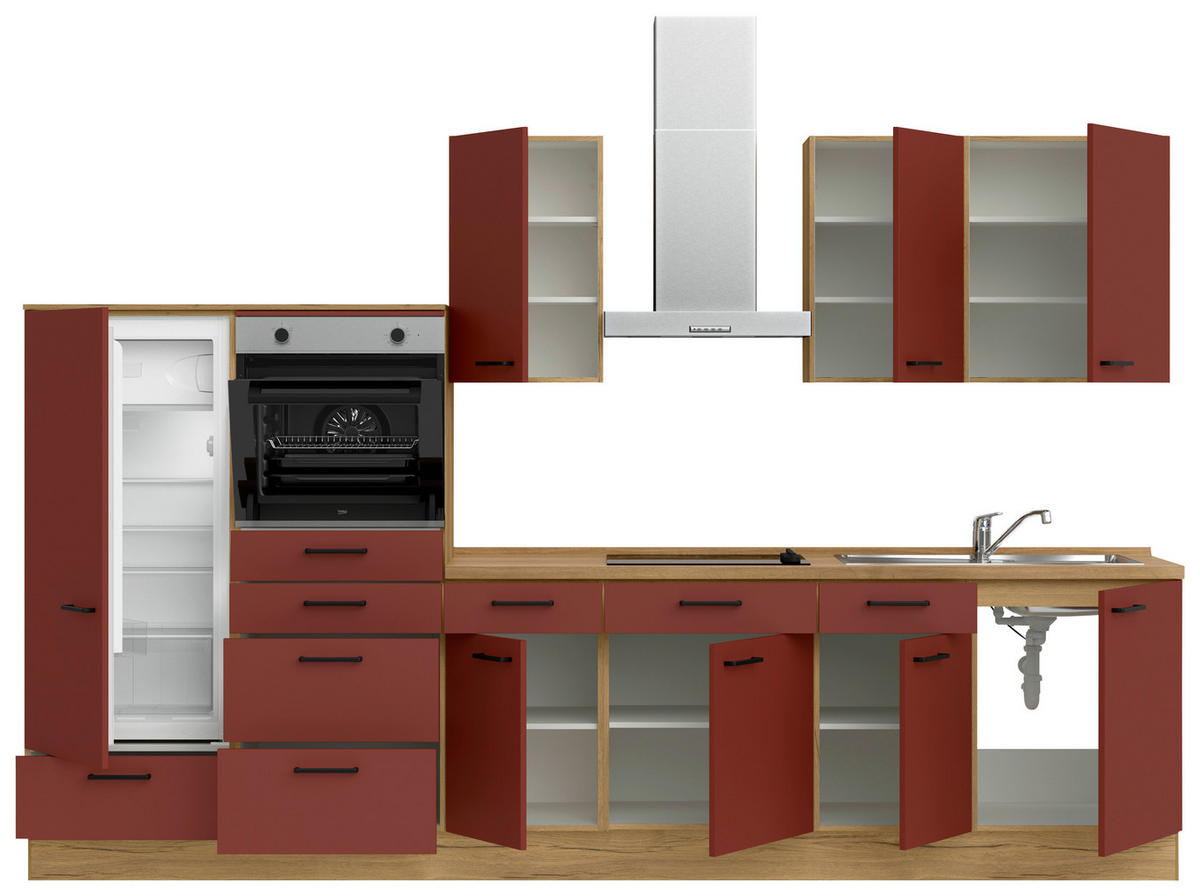 KÜCHENBLOCK 330 cm   in Eichefarben, Dunkelrot  - Eichefarben/Schwarz, MODERN, Holzwerkstoff/Metall (330cm) - Nobilia