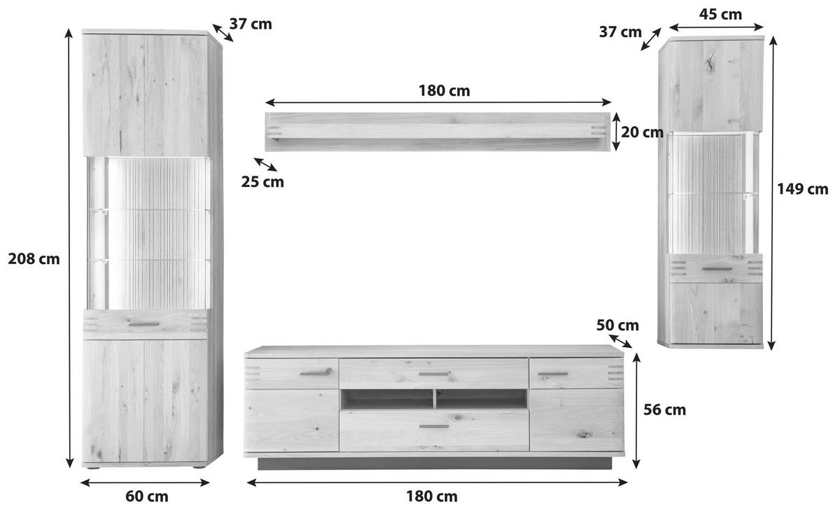 WOHNWAND  305/208/50 cm  in Eichefarben  - Eichefarben/Anthrazit, Design, Glas/Holz (305/208/50cm) - Livetastic