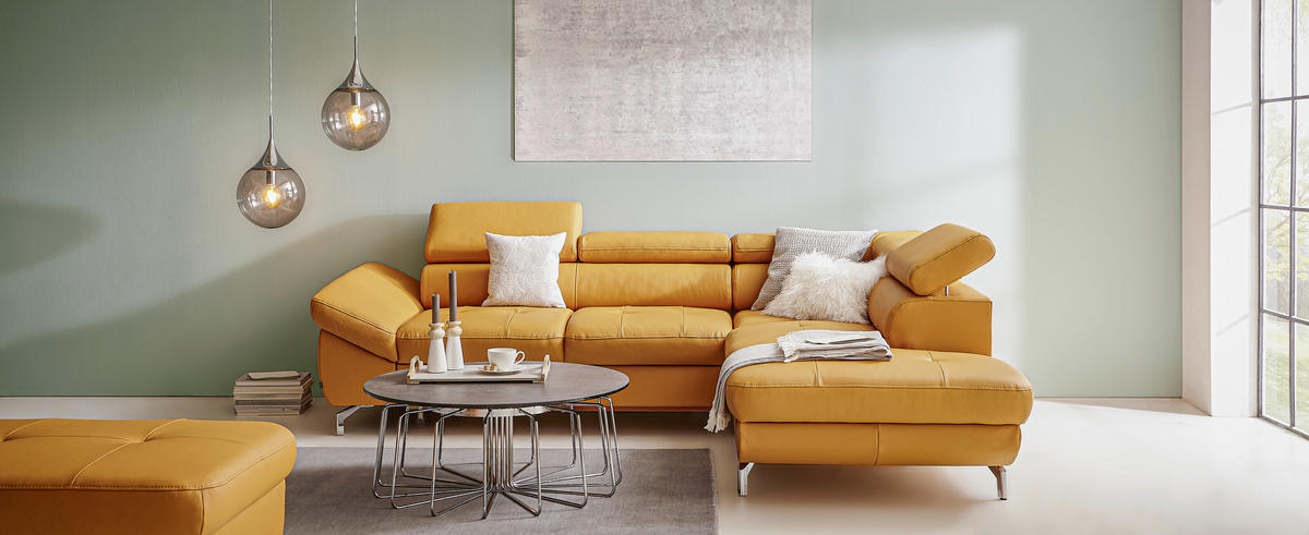ECKSOFA in Echtleder Currygelb  - Currygelb/Silberfarben, Design, Leder/Metall (220/270cm) - Novel