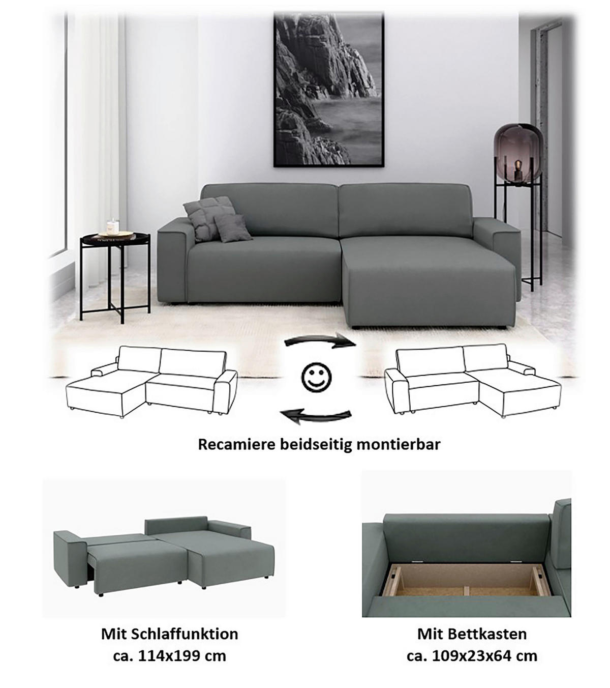 ECKSOFA in Struktur Grau  265/164 cm  - Schwarz/Grau, MODERN, Kunststoff/Textil (265/164cm) - Trendmanufaktur