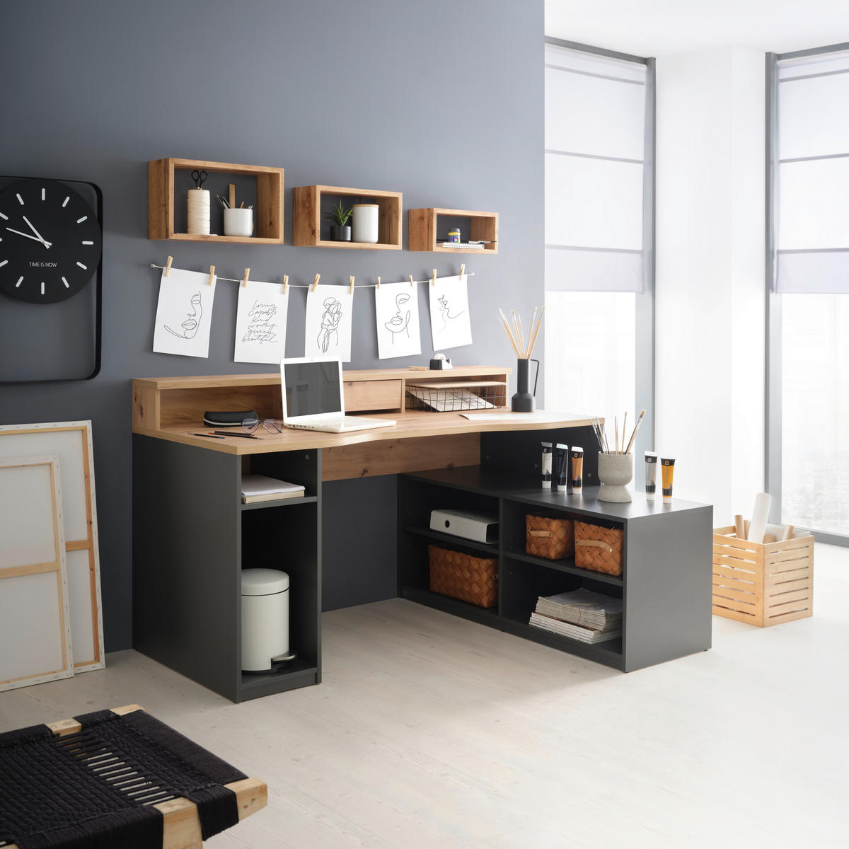 KOTNA PISALNA MIZA leseni material antracit, barve hrasta  - barve hrasta/antracit, Trend, leseni material (160/92,4/120cm) - Carryhome