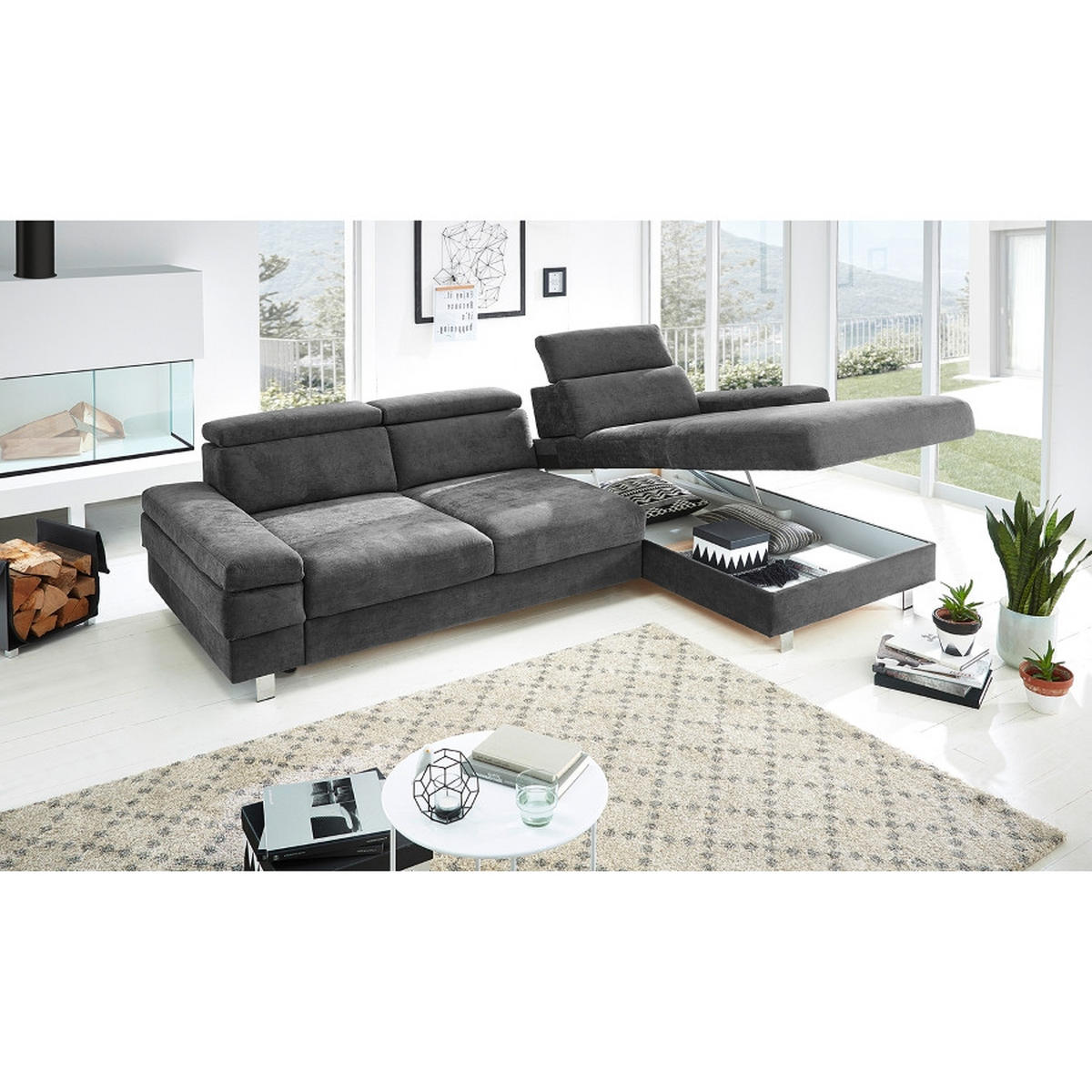 ECKSOFA in Webstoff Anthrazit  - Anthrazit/Silberfarben, KONVENTIONELL, Textil/Metall (182/82/260cm) - Trendmanufaktur