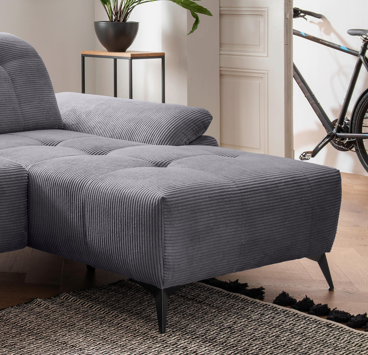 ECKSOFA FIORE Grau Cord Kopfteilverstellung, Sitzvorzug  - Schwarz/Grau, MODERN, Textil/Metall (280/180cm) - Livetastic