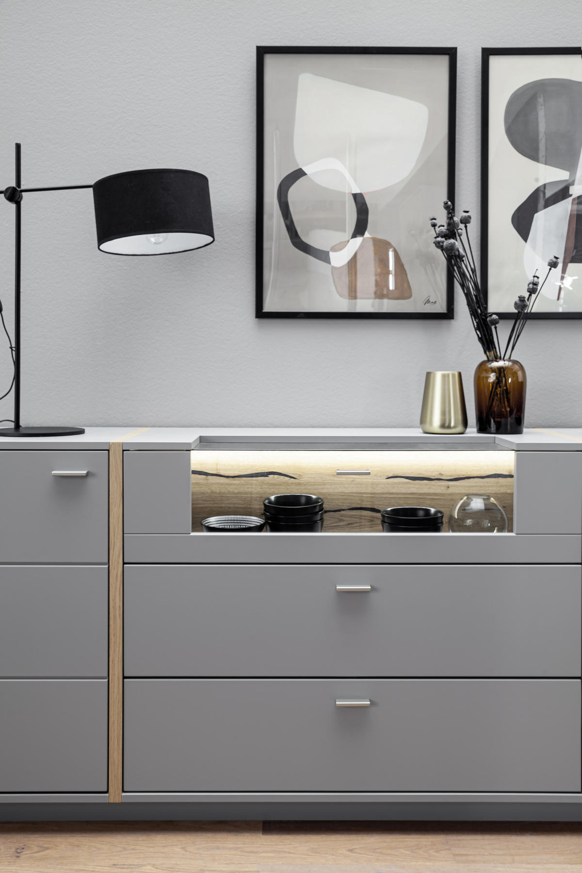 SIDEBOARD 196/87/44 cm  in Grau, Eichefarben  - Eichefarben/Grau, Design, Glas/Holzwerkstoff (196/87/44cm) - MID.YOU