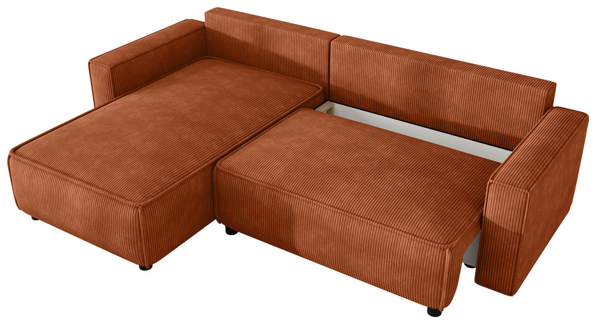 ECKSOFA Rostfarben Cord Zierkissen, Rückenkissen, Bettkasten, Schlaffunktion, Rücken echt, Liegefläche im Originalstoff  - Rostfarben/Schwarz, MODERN, Kunststoff/Textil (190/280cm) - Carryhome